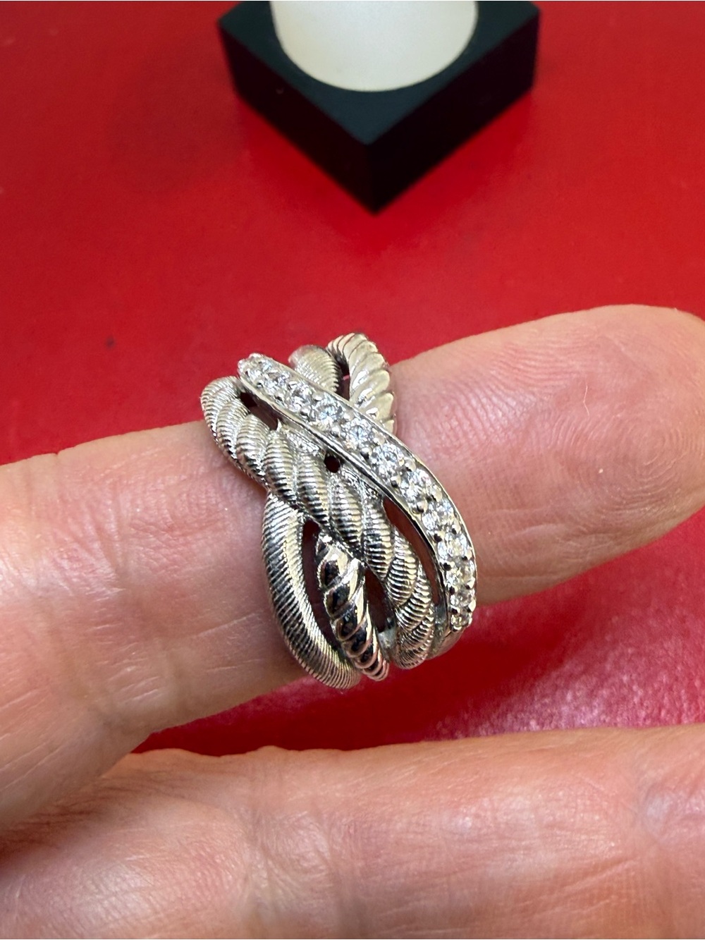Judith Ripka Sterling Silver 925 Clear CZ Crisscross Rope Design Ring Sz 7